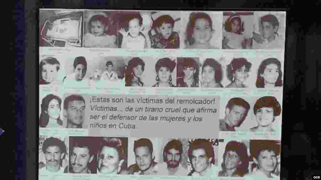 En 1994, a partir del testimonio de los sobrevivientes Radio Martí dio a conocer al pueblo cubano que el hundimiento del remolcador "13 de marzo" que ocasionó la muerte de 37 personas cerca a la bahía de La Habana, no fue un accidente. Placa de fotografías de víctimas del remolcador 13 de marzo.